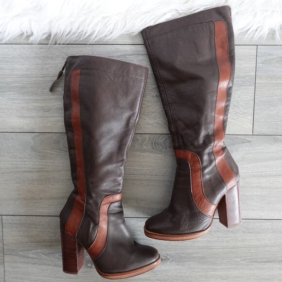 Red Or Dead Brown Tall Knee High Heeled Brown Leather Boots 39 Cobbled Together - Picture 2 of 16